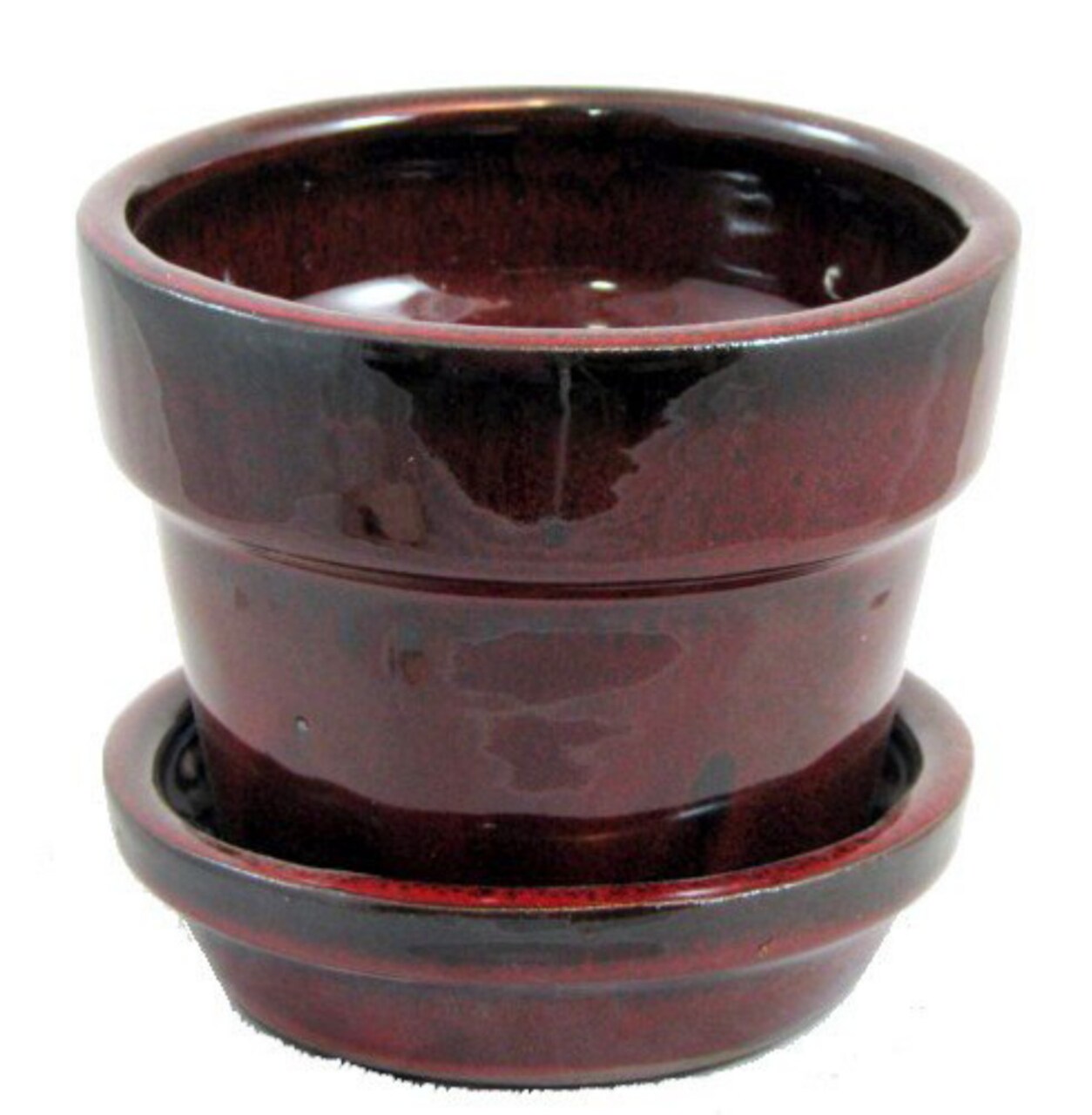 Glazed Ceramic Pot/Saucer - Tropical Red - 4 3/8" x 4" - #11930